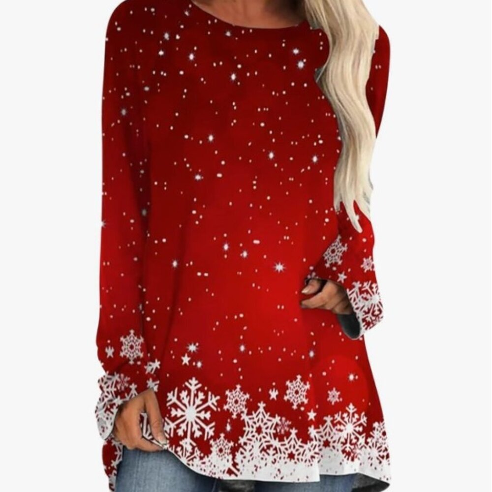 Festive Red Snowflake Long Sleeve Women's Top